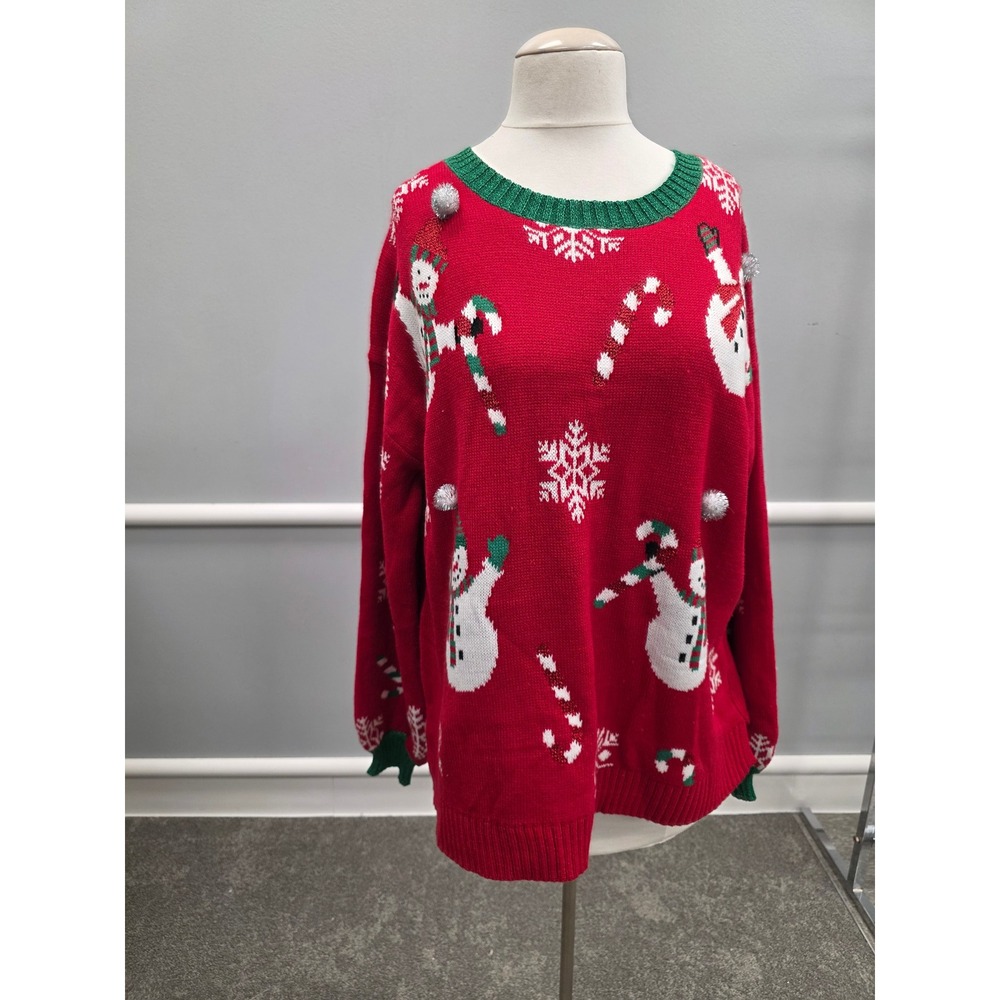 99 Jane Street Women's Red Snowman Candy Cane Ugly Christmas Sweater XL